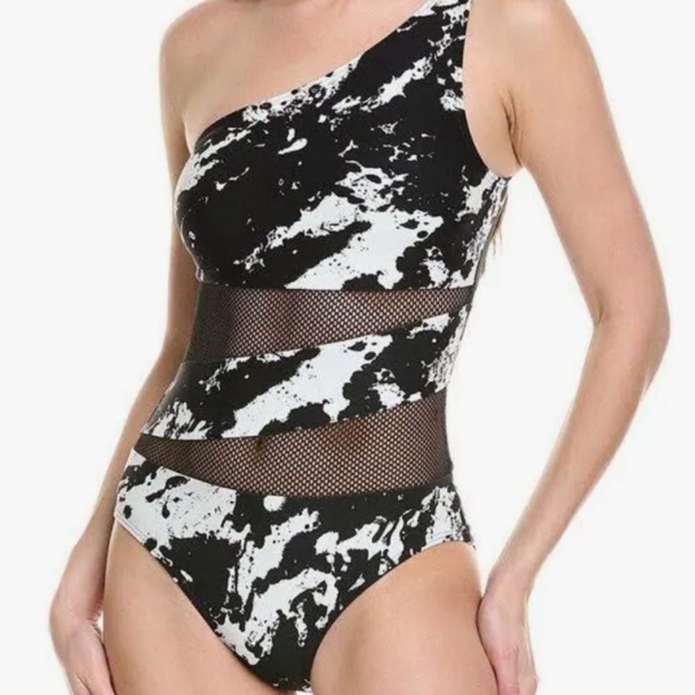 Carmen Marc Valvo Black and White One-Shoulder Swimsuit NWT sz 10